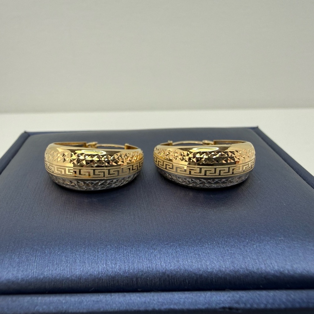 18K Genuine YG Gold Dome Hoop Earrings with Greek Design 23mm